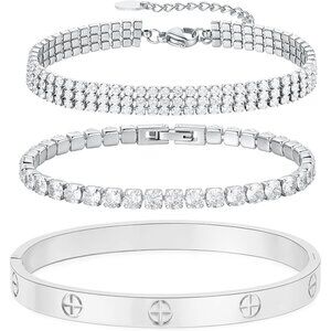 18K Gold Plated CZ Love Bangle Bracelet Set - Hypoallergenic & Adjustable